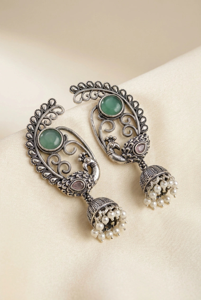 Mint Green Antique Oxidized Peacock Jhumka Earrings with Pearl Bead Drops for Women