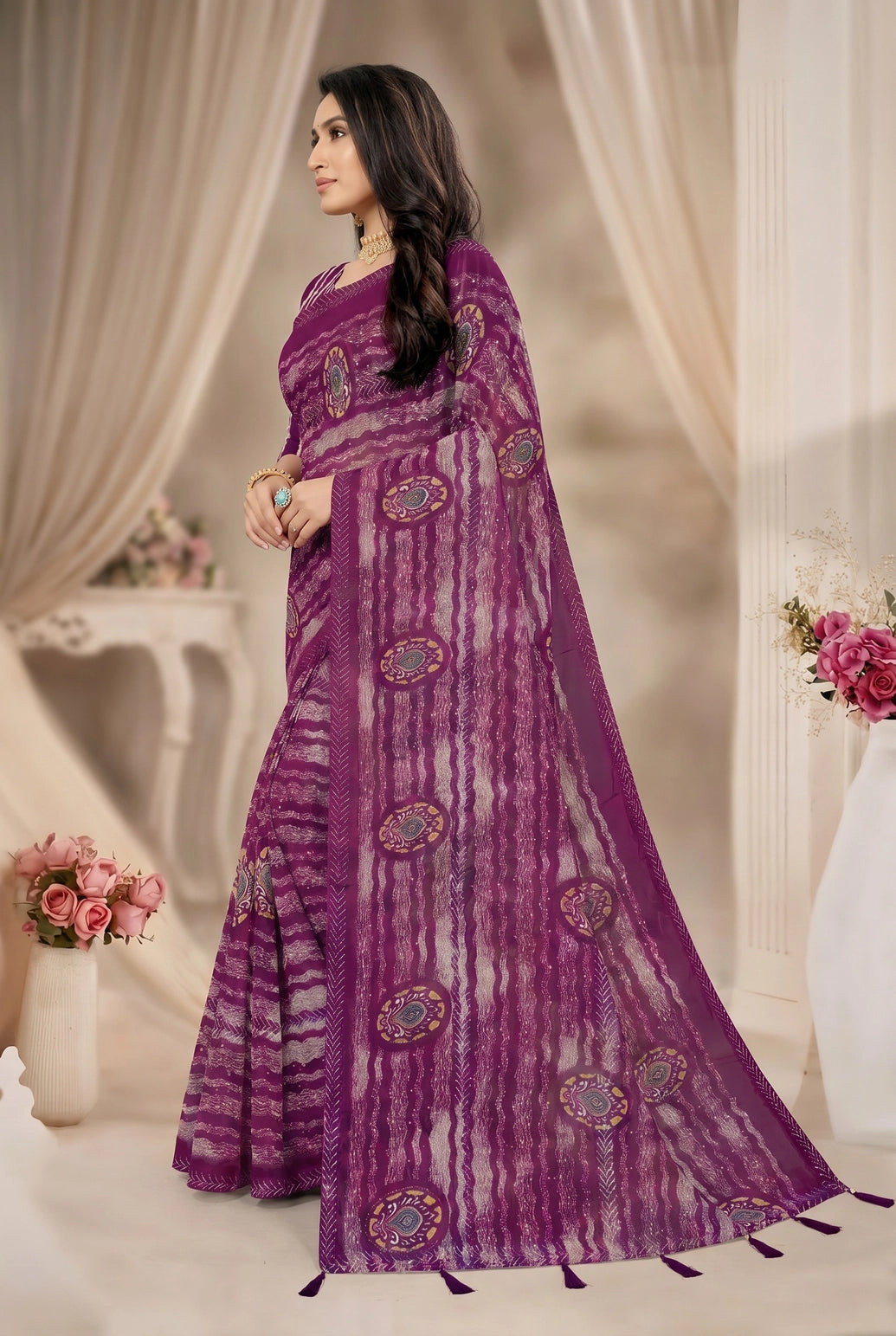 Purple Georgette Saree with Zari-Style Full Sequin/SiroSki Work, Printed Stripes & Floral Motifs Border