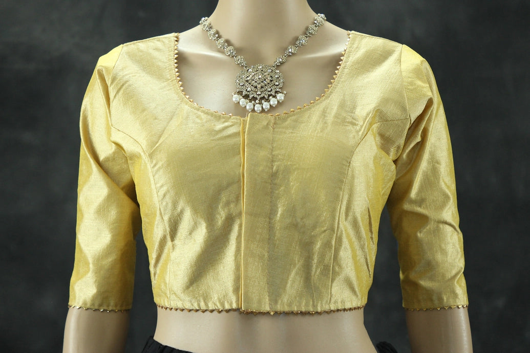 Readymade Gold Raw Silk Padded Blouse with Elbow Sleeves and Back Knot - Fully Stitched Blouse JCS Fashions