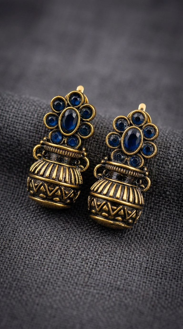 Navy Blue Antique Gold-Tone Floral Jhumka Earrings with Champagne Crystal Stones for Traditional Festive Wear