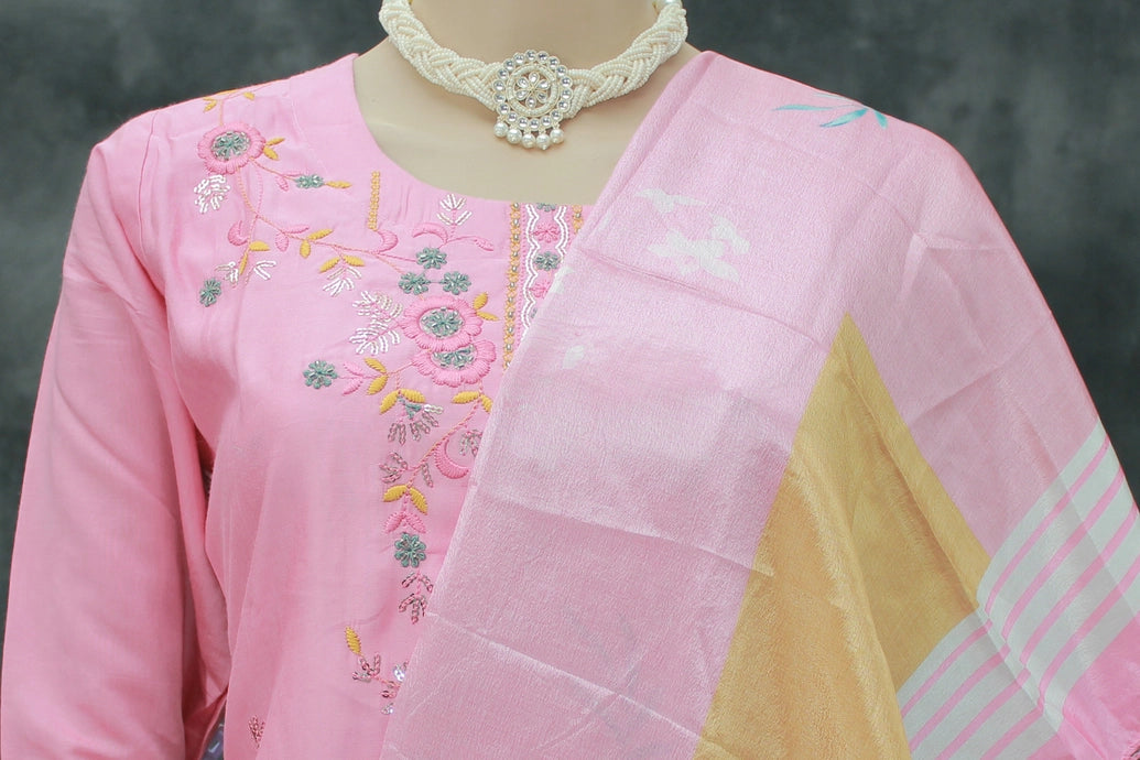 Light Pink Roman Silk 3-Piece Kurti Set with Elastic Pant & Handwork Chinon Dupatta for Women