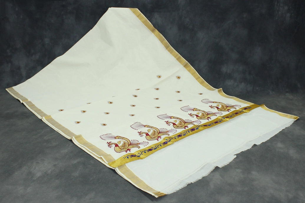 Pure Kerala Cotton White Saree with Peacock Zari Embroidery