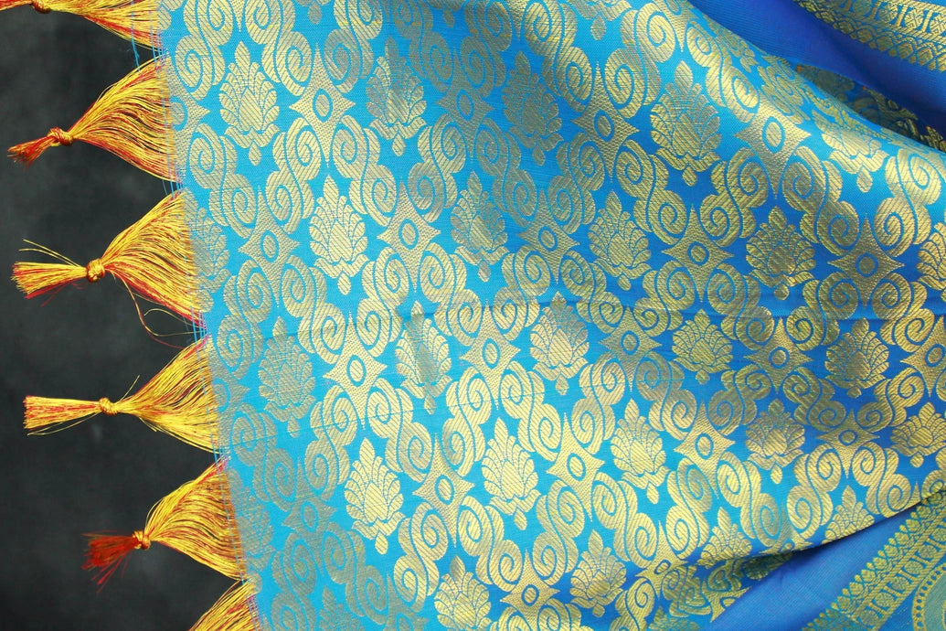 Blue Zari Pattu Shawl (Ponnadai) for Arangetram and Events, Traditional Silk-Style Tassels