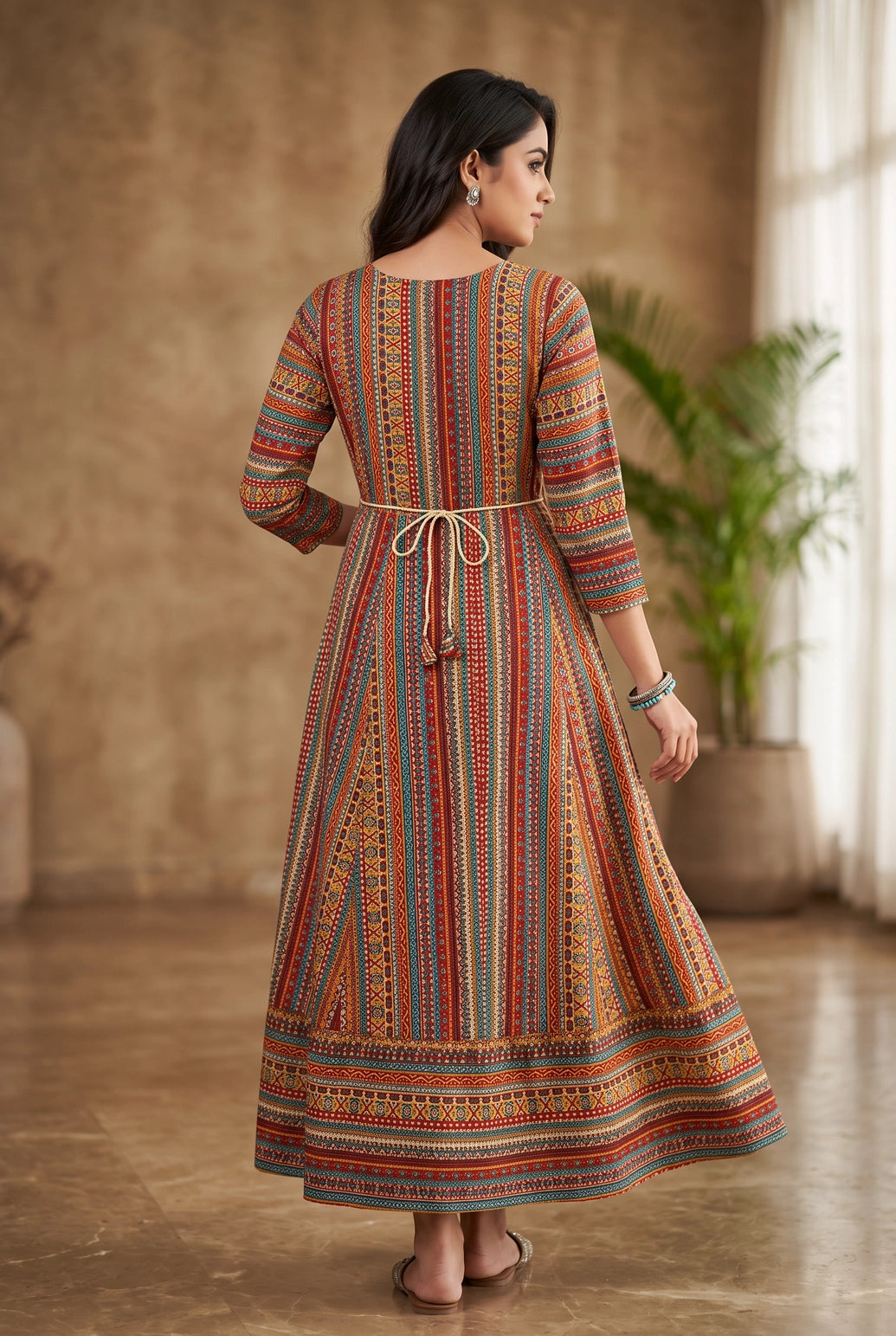 Multicolor Rayon Anarkali Floral Kurti with Stone Work, Round Neck 3/4 Sleeves for Women
