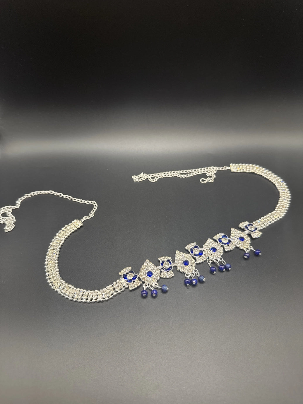 Silver-Tone Blue Crystal Hip Chain with Floral Motifs and Bead Danglers - Adjustable Jewelry JCS Fashions