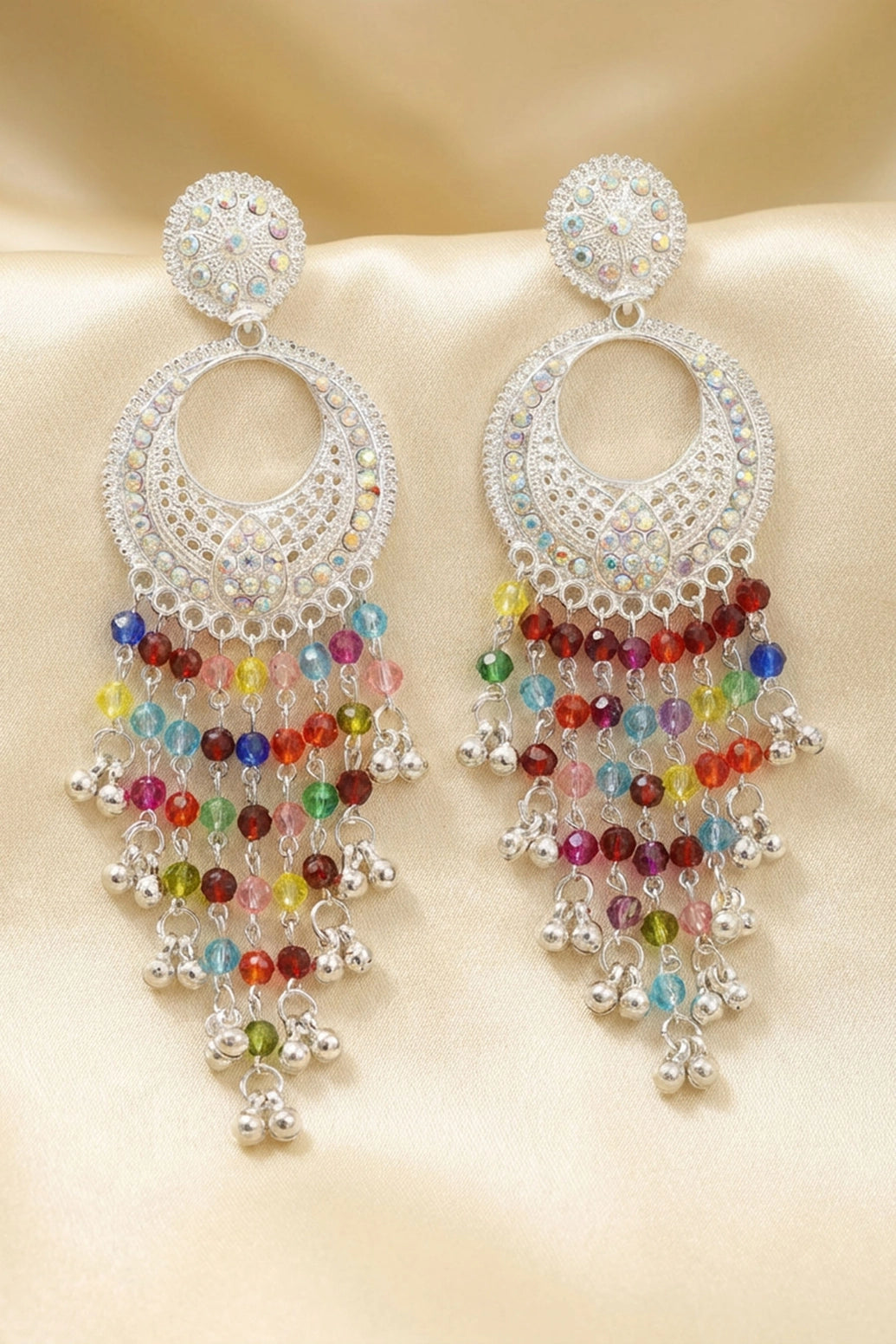 Silver-Tone Multicolor Beaded Jhumka Earrings with Moon Design and Sparkling Stud Tops