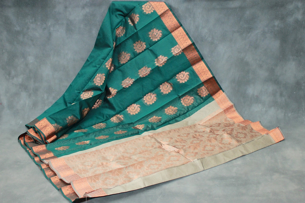Dark Green Silk Cotton Saree with Zari Floral Border and Blouse Piece | Traditional Ethnic Wear