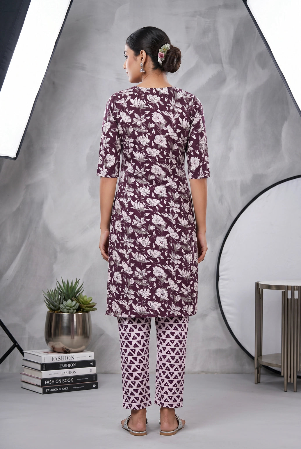 Purple Floral Rayon Kurti with Elastic Pant 2-Piece Set for Women | Round Neck Button Placket 3/4 Sleeves