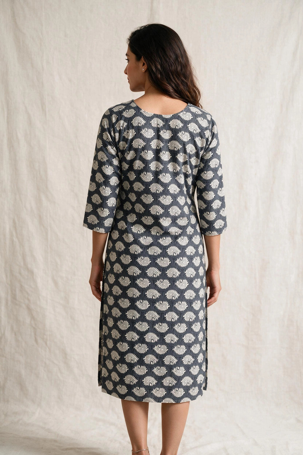 Grey Cotton Kurti With Floral Top Lace Detailing And White Paisley Print For Women