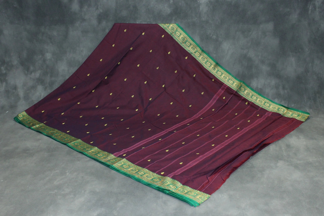 Dark Purple Poly Cotton Butta Saree with Green Threaded Border Saree JCS Fashions