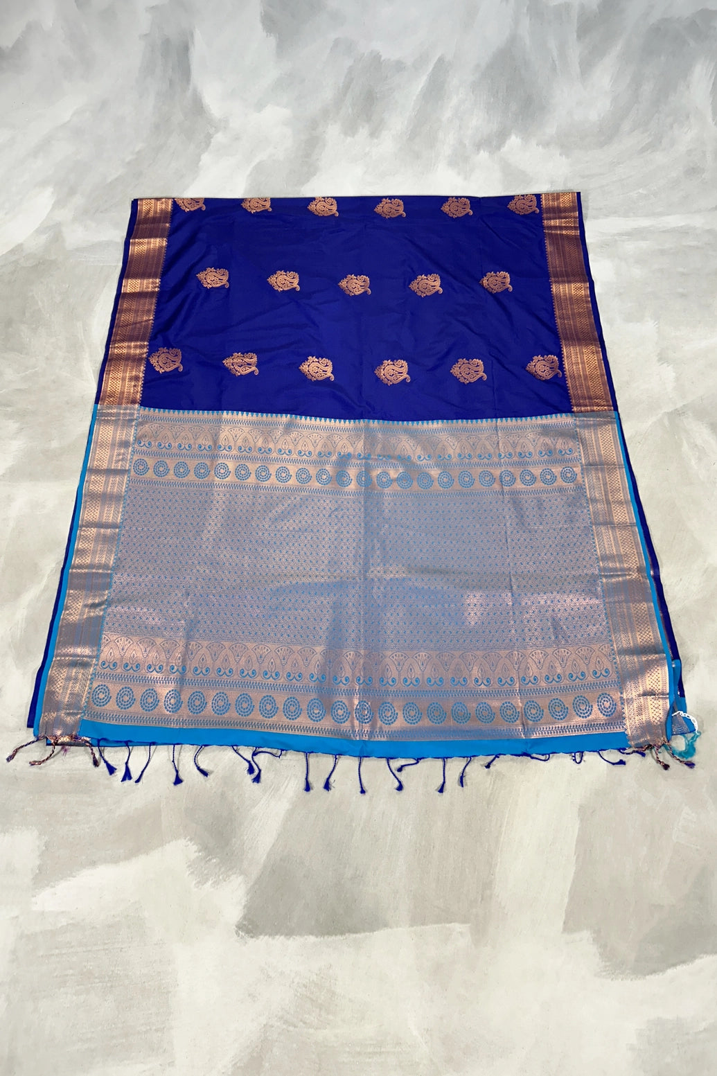 Royal Blue Korvai Soft Silk Border Saree with Delicate Gold Zari Buttas and Traditional Floral Border with Blouse