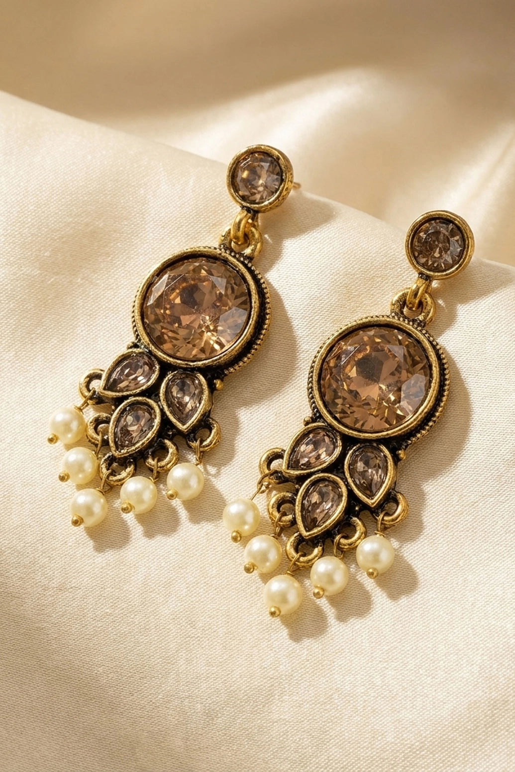 Gold-Tone Antique Finish Pearl Drop Earrings with Round Stone Dangler, Traditional Chandelier Style