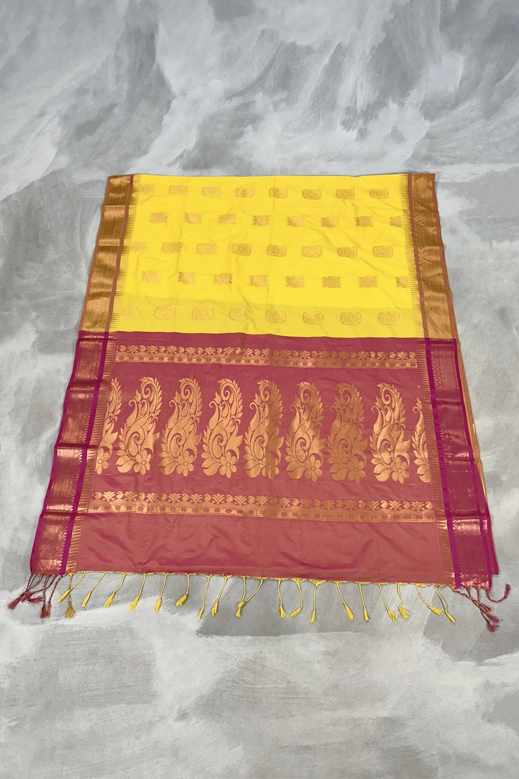 Yellow Korvai Soft Silk Border Saree with Gold Zari Buttas & Traditional Floral Border, with Blouse