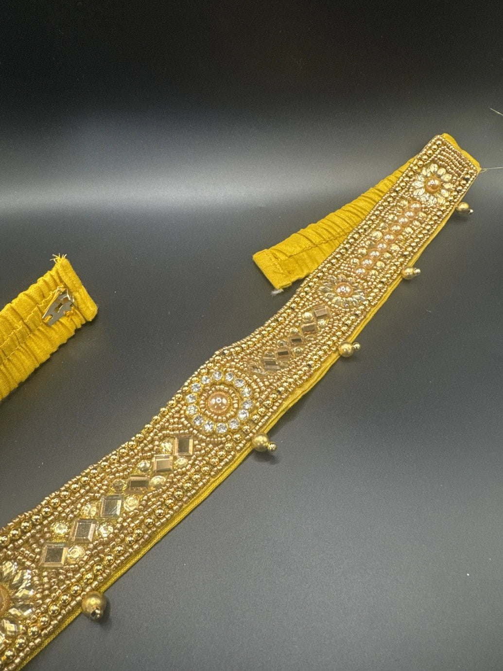 Gold-Tone Embellished Hip Belt with Mirror Accents and Bead Detailing - Traditional Ethnic Waist Belt Jewelry JCS Fashions