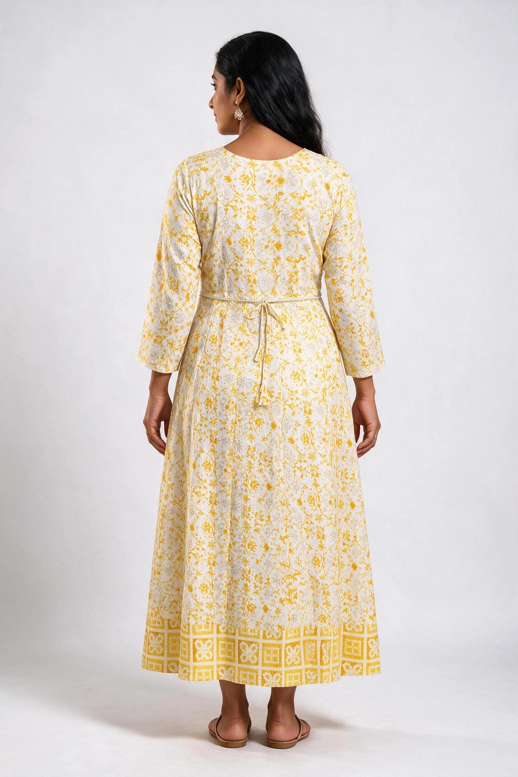 Women’s Yellow Cotton Anarkali Kurti Gown with Dori Design, Geometric Floral Print & Silver Sequin Detail