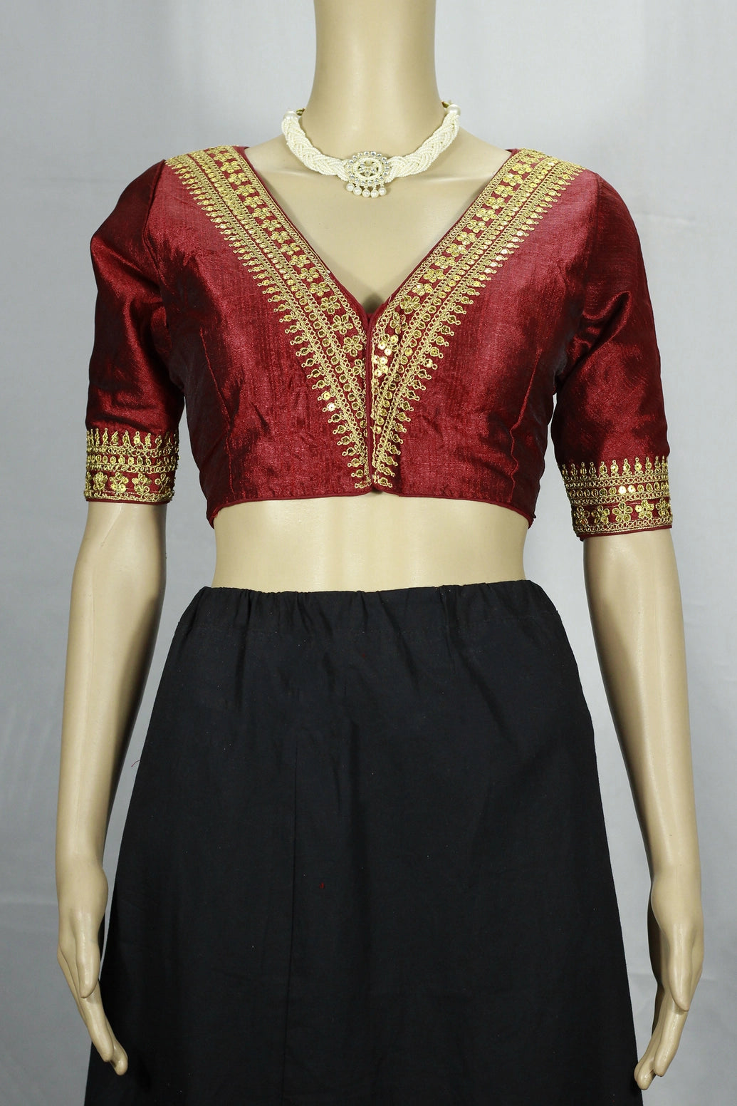 Maroon Readymade Padded Designer Blouse with V-Neck Gold Zari & Sequin Work, Elbow Sleeves, Back Knot