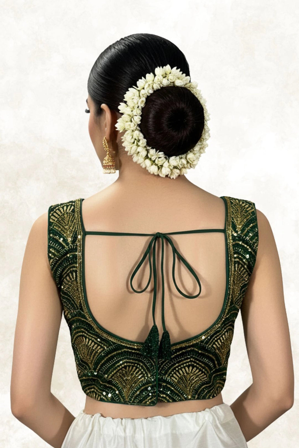 Green Zari Padded Sleeveless Blouse with Bold Scalloped Embroidery, Back Tie, Ready-to-Wear (Size 36)