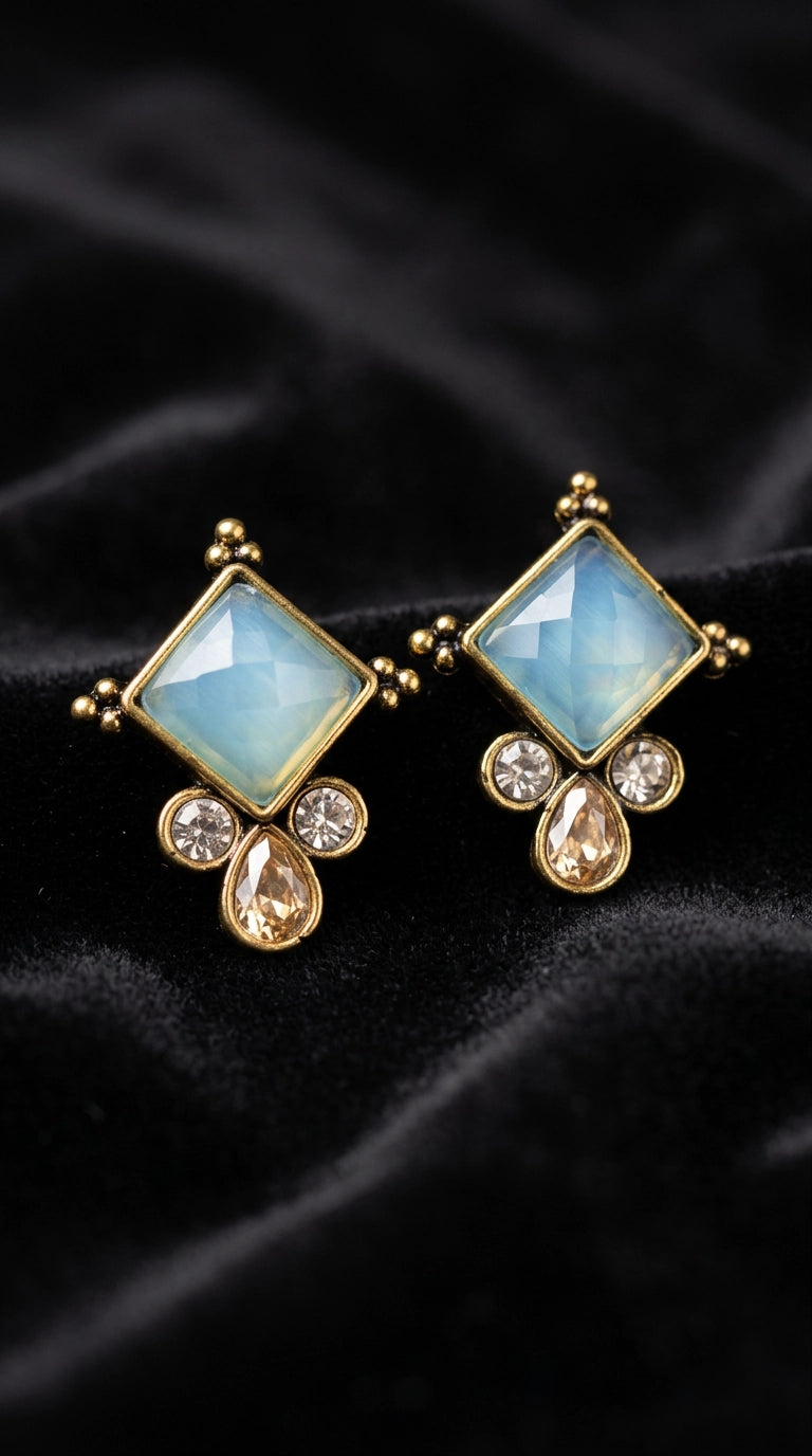 Sea Blue Square Stone Stud Earrings with Gold-Tone Frame and Crystal Drop Accents