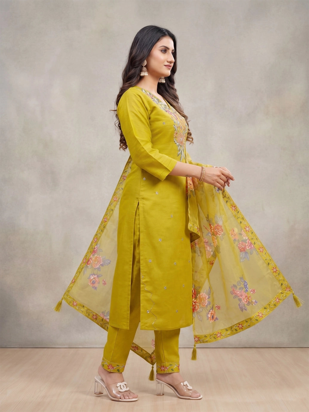 Yellow Roman Silk 3-Piece Kurti Set with Embroidered Work & Chinon Dupatta, Elastic Pant
