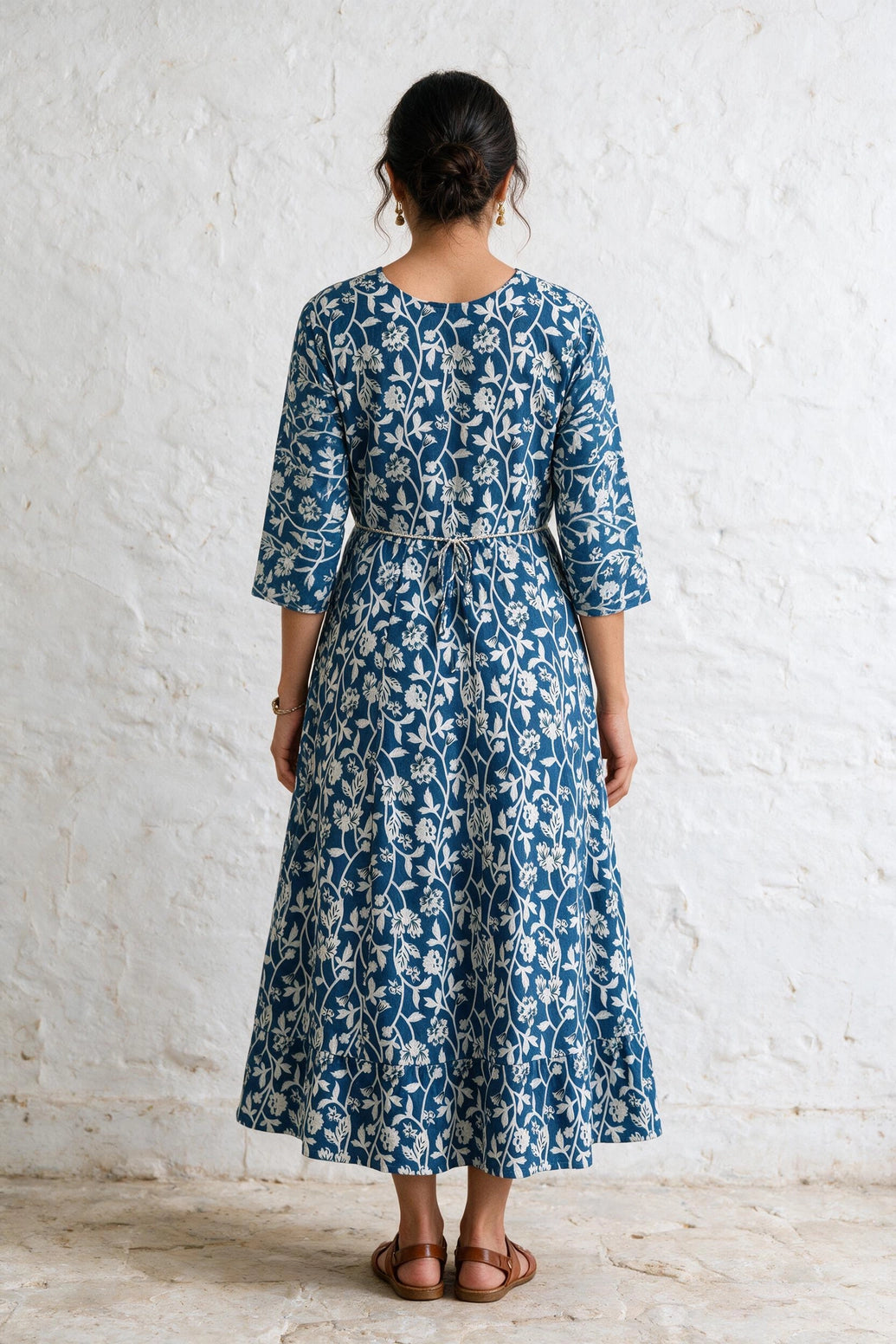 Navy Blue Cotton Anarkali Kurti with Dori Design, Geometric & Floral Print and Silver Sequin Stripe Details