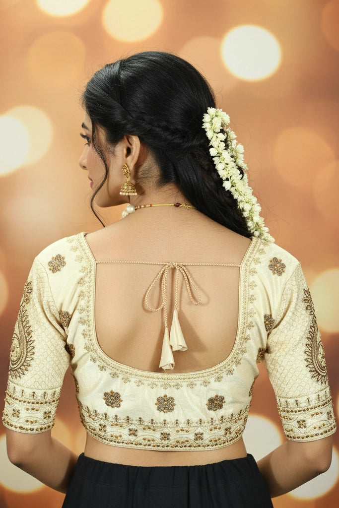 Sandal Readymade Padded Designer Blouse with Zari Floral Butta, U-Neckline, Elbow Sleeves and Back Knot