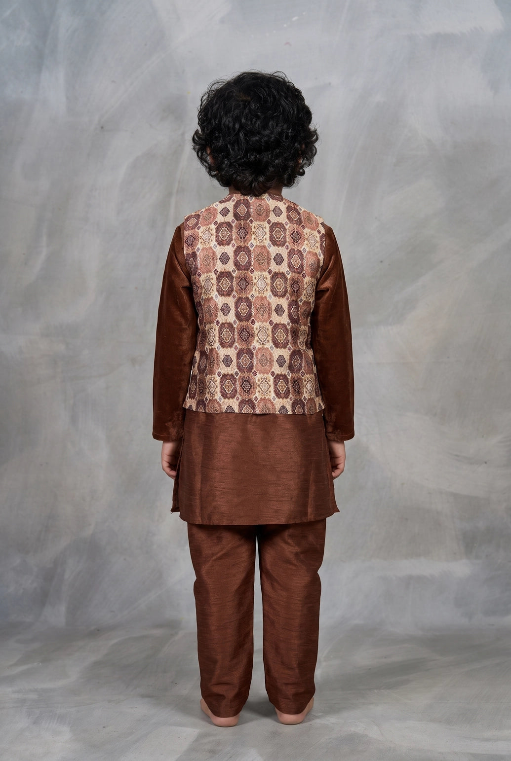 Boys’ Brown Koti Kurta Set (3-Piece) with Printed Sleeveless Koti & Traditional Motifs