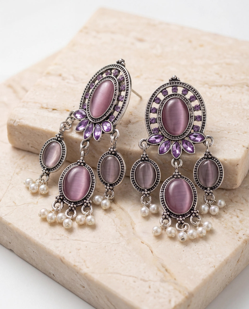 Dark Pink Oval Stone Oxidized Silver-Tone Jhumki Earrings with Pearl Drops for Women