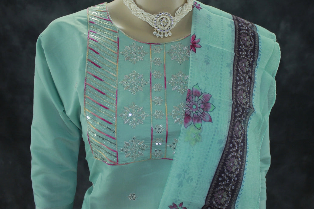 Sea Green Roman Silk 3-Piece Kurti Set with Bead Handwork and Embroidered Yoke, Printed Dupatta Kurti JCS Fashions