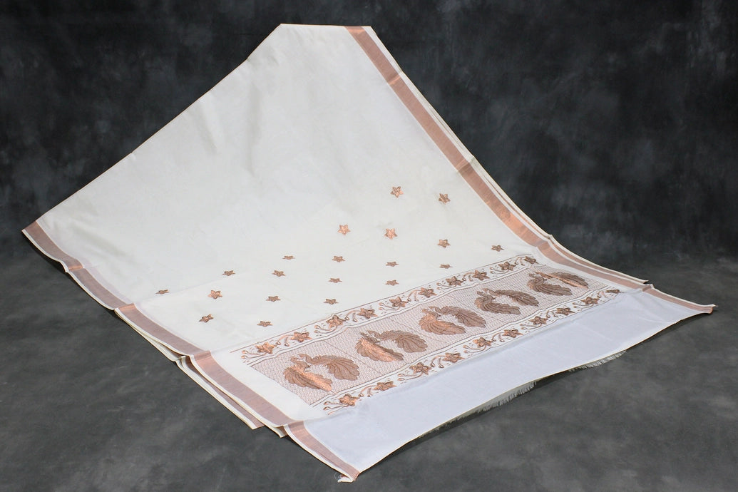 Pure Kerala Cotton White Saree with Copper Zari Peacock & Floral Machine Embroidery, Lightweight Traditional Saree with Blouse Piece