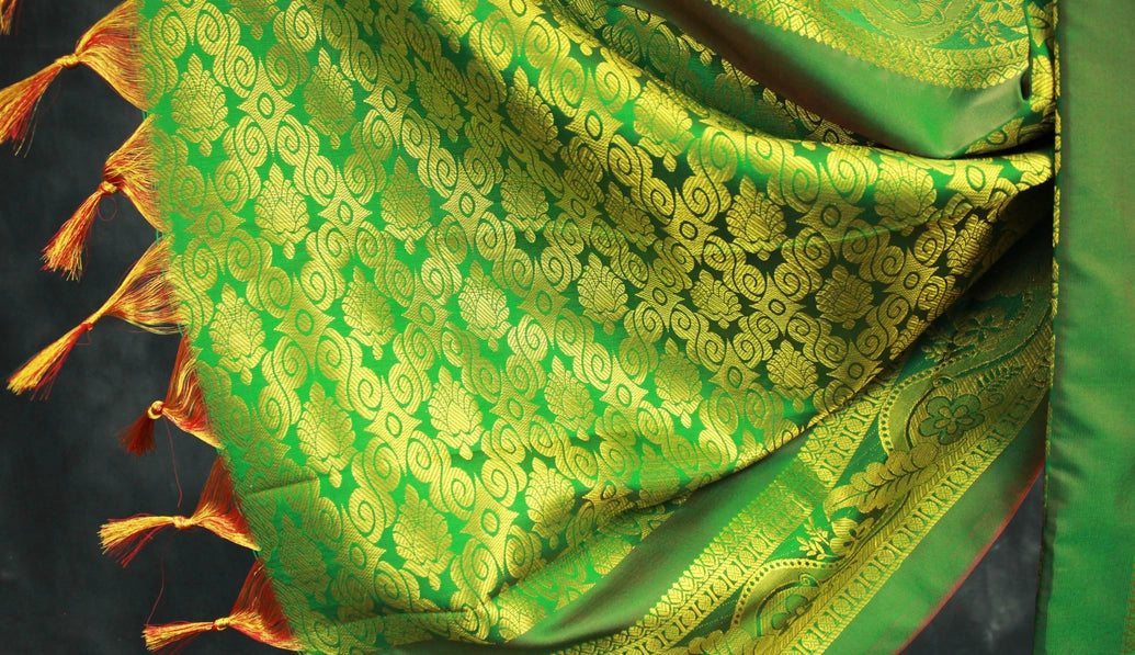 Green Zari Pattu Shawl with Traditional Border and Tassels for Pooja, Events and Functions