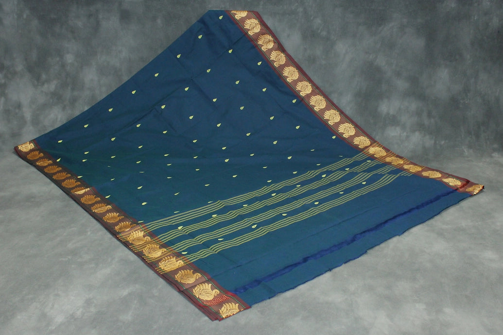 Navy Blue Poly Cotton Butta Saree with Gold-Coloured Thread Temple Border Saree JCS Fashions