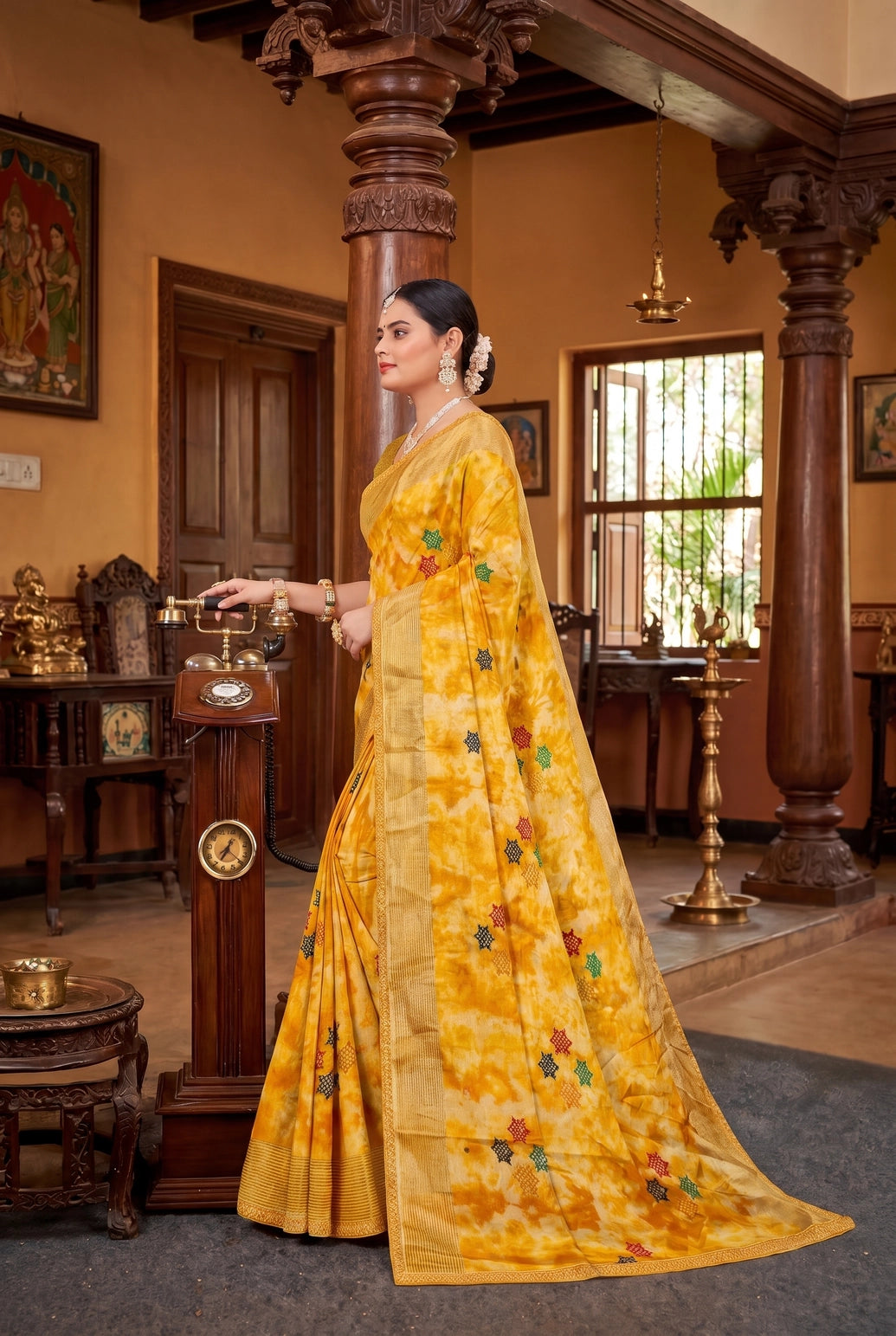 Yellow Chiffon Fancy Tie-Dye Saree with Star Motifs and Shimmer Striped Border with Blouse