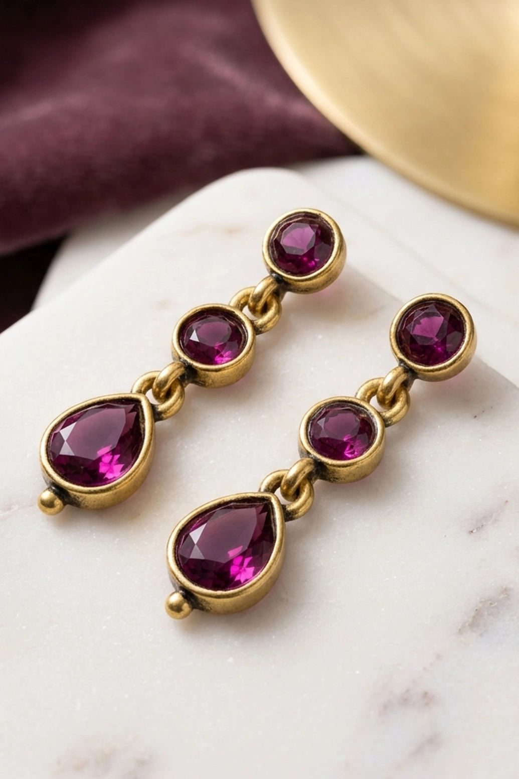 Purple Stone Teardrop Dangle Gold-Tone Fashion Earrings, Oval Stones Triple Drop Party Wear