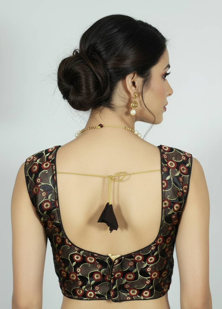 Black Readymade Designer Padded Blouse with Zari Circular Motifs, Back Knot and Sleeveless Fit