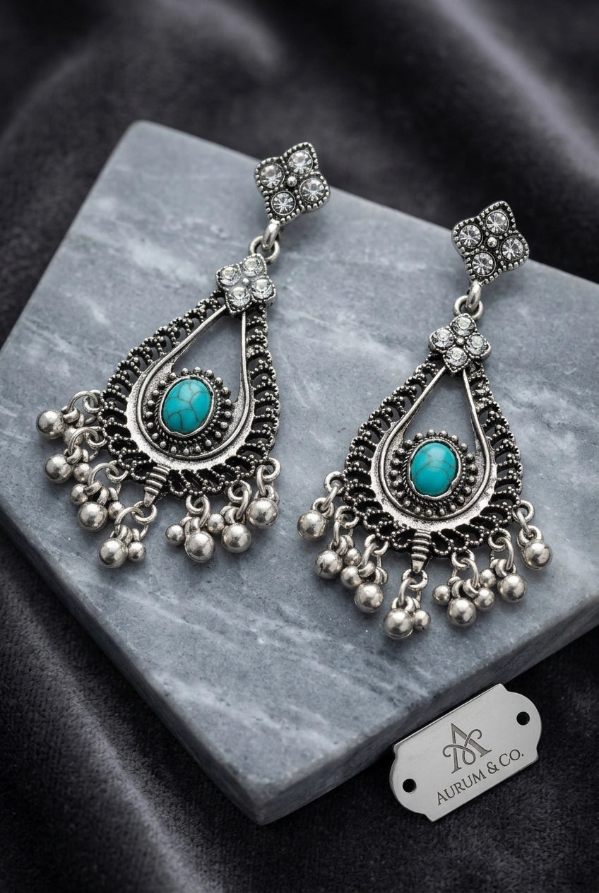 Oxidized Silver Blue Stone Drop Earrings with Beaded Dangles and Tiny Charms for Women