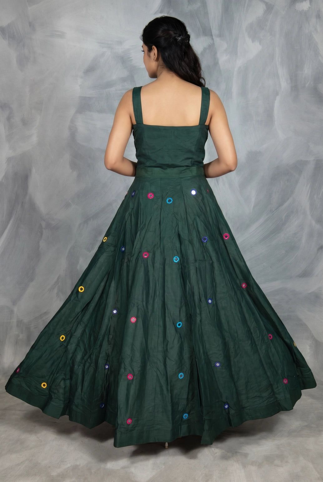Green Designer Navratri Chaniya Choli with Round Mirror Work Choli & Embroidered Skirt for Party Wear