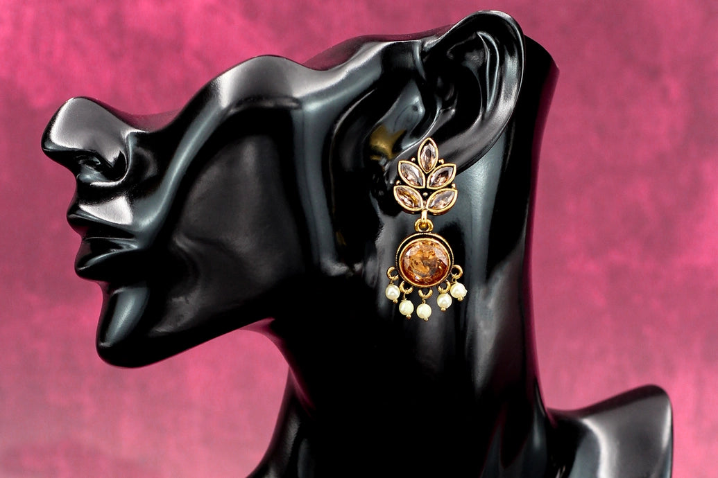 Gold-Tone Leaf Drop Earrings with Pearls, Clear Crystals and Amber Centre Jewelry JCS Fashions