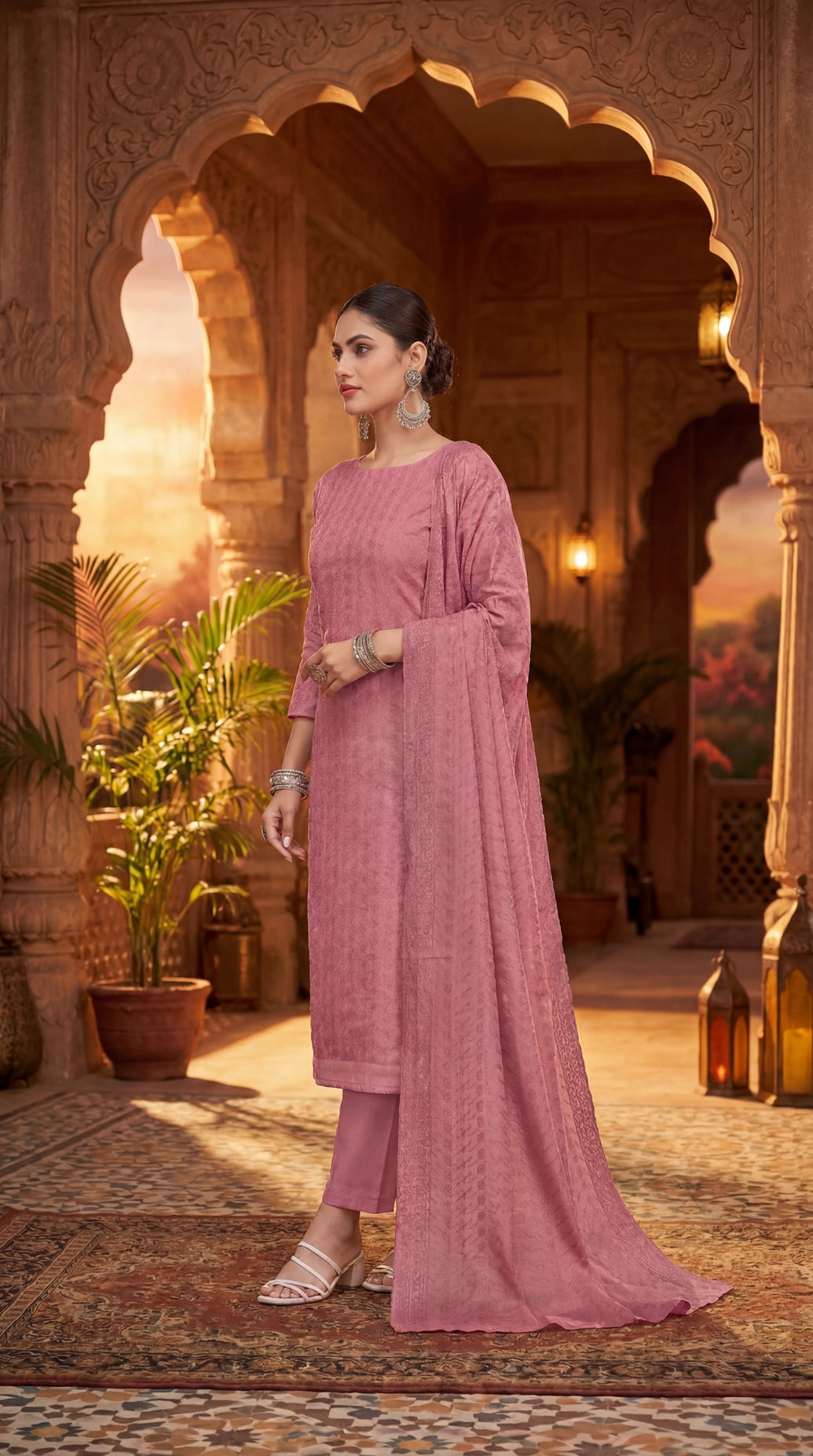 Dark Pink Cotton Kurti 3-Piece Set with Elastic Pant and Schiffli Work Dupatta