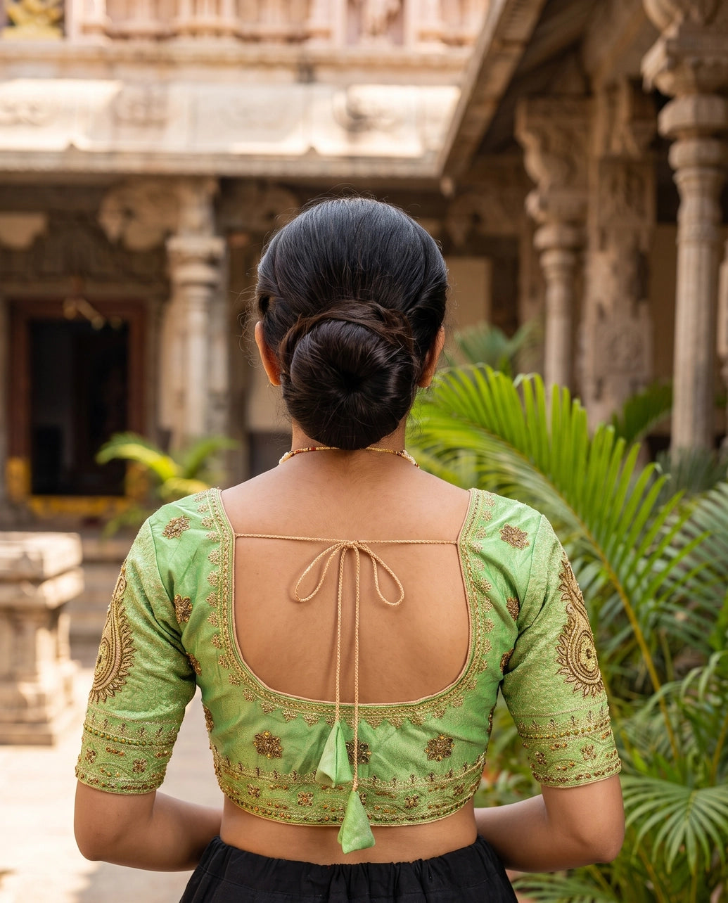 Pista Green Readymade Designer Padded Blouse with Zari Floral Butta, U-Neck, Elbow Sleeves & Back Knot