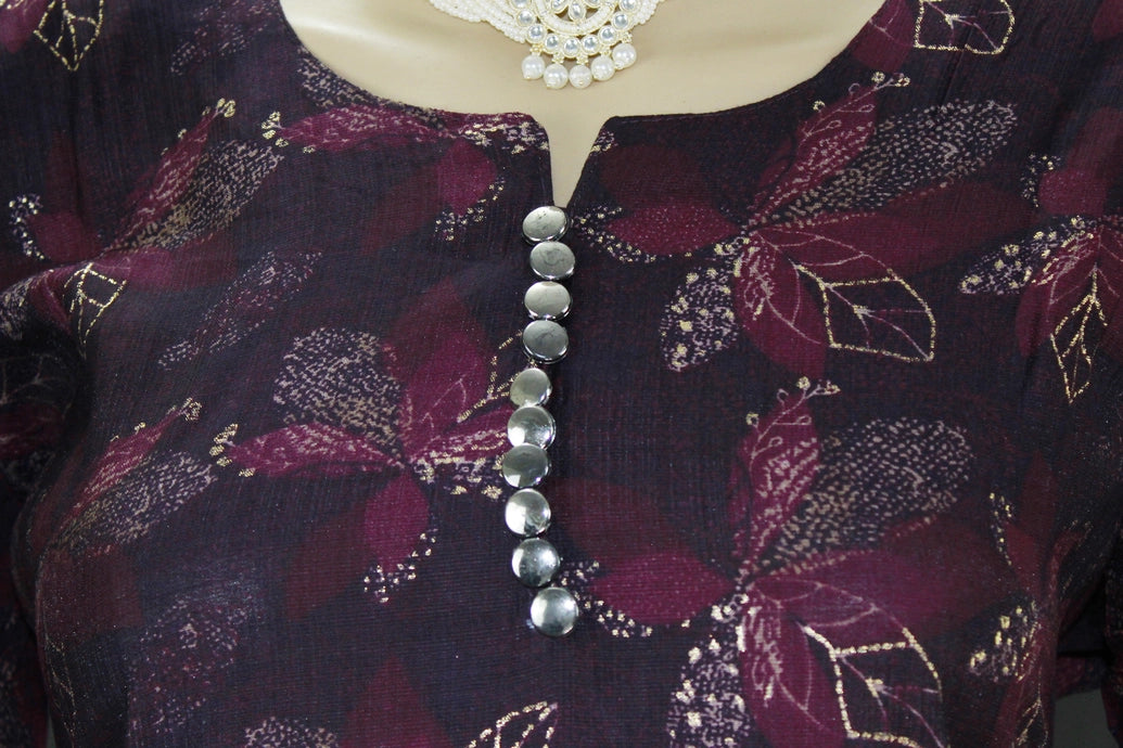 Purple Cotton Floral Kurti Set - 2 Piece Kurta with Elastic Pants