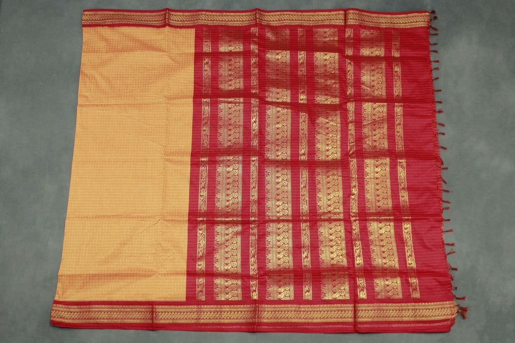 Orange Kalyani Cotton Saree with Zari Checked and Peacock Border and Blouse