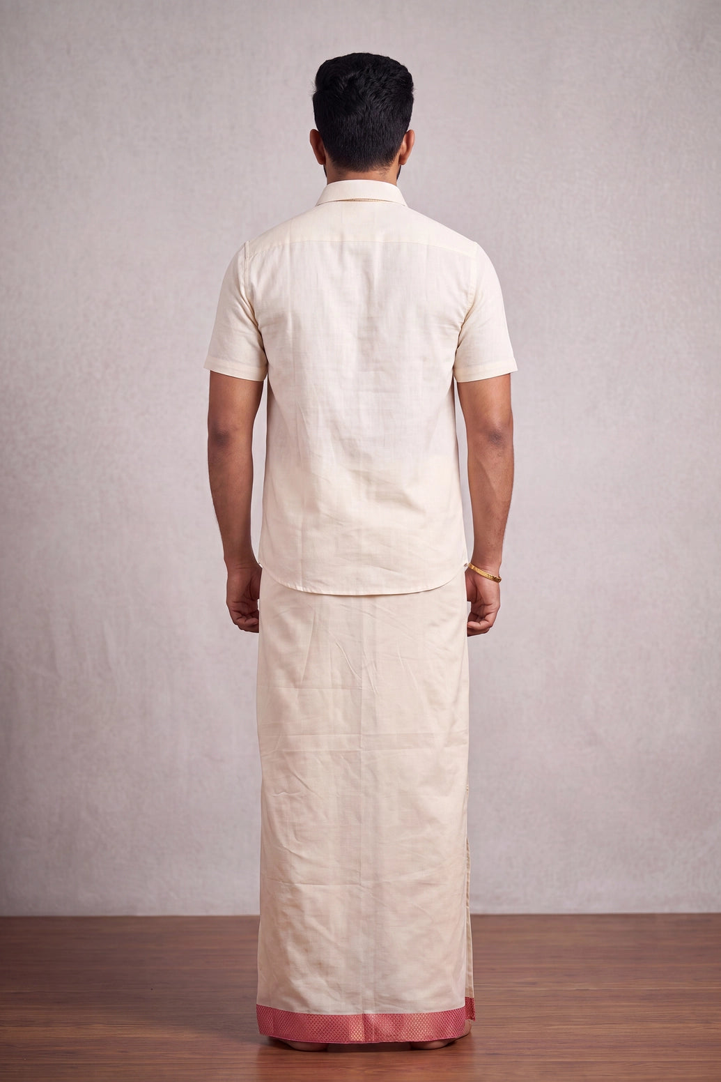 Men Off-White Cotton Dhoti with Woven Check Border and Zari Lines (2 Metre Single Veshti) - Coral