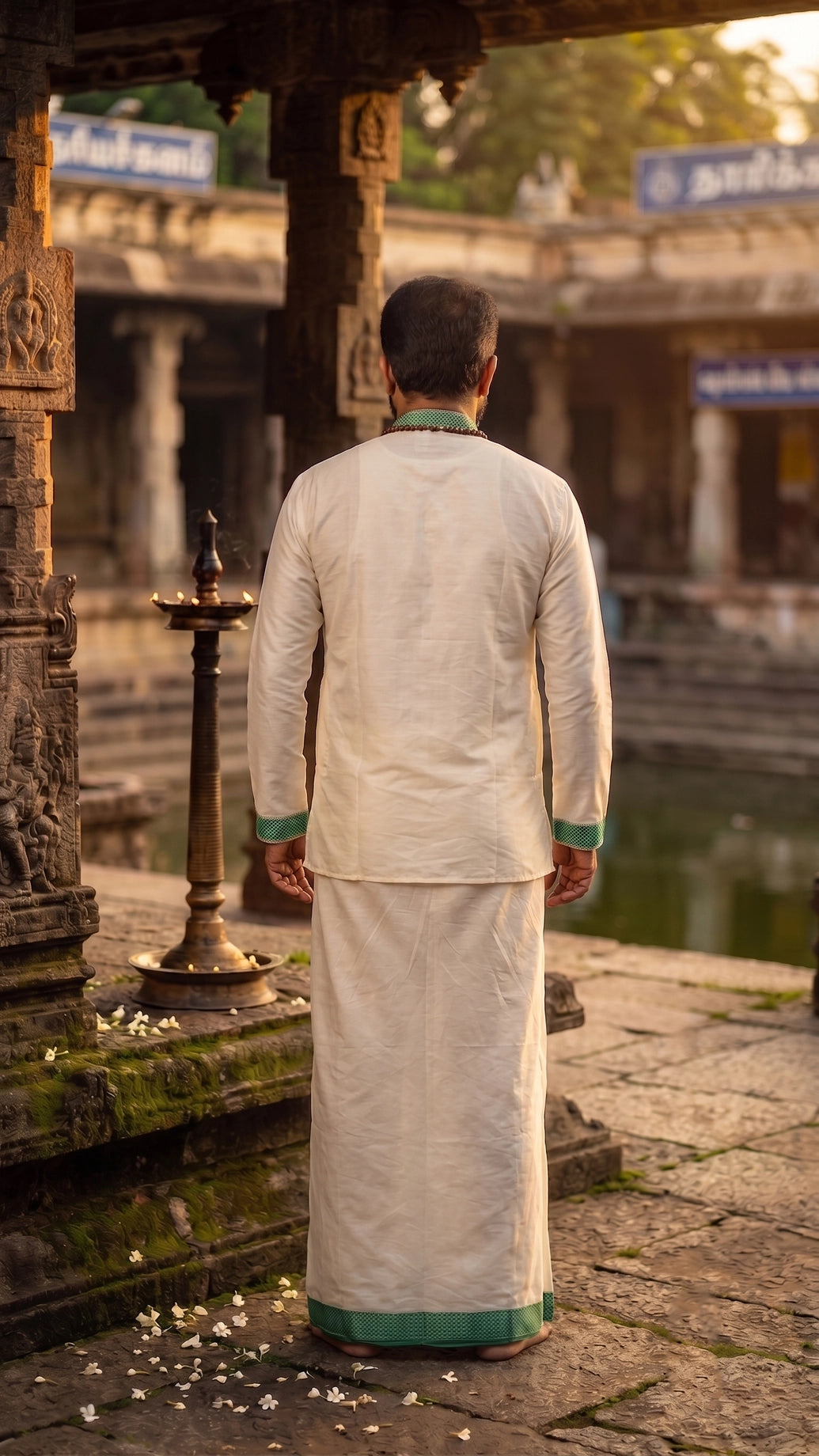 Men Off-White Cotton Dhoti with Woven Check Border and Zari Lines (2 Metre Single Veshti) - Green