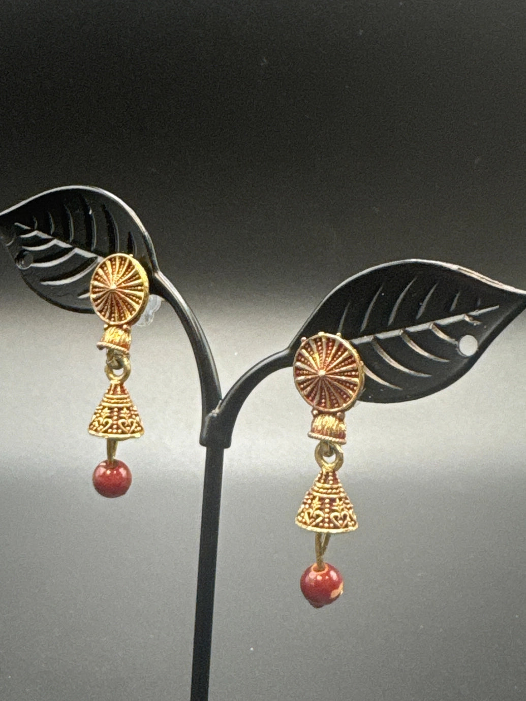 Antique Look Floral Jhumka Earrings – Gold-Tone Jhumki with Coloured Bead Drop (1.5 inch)