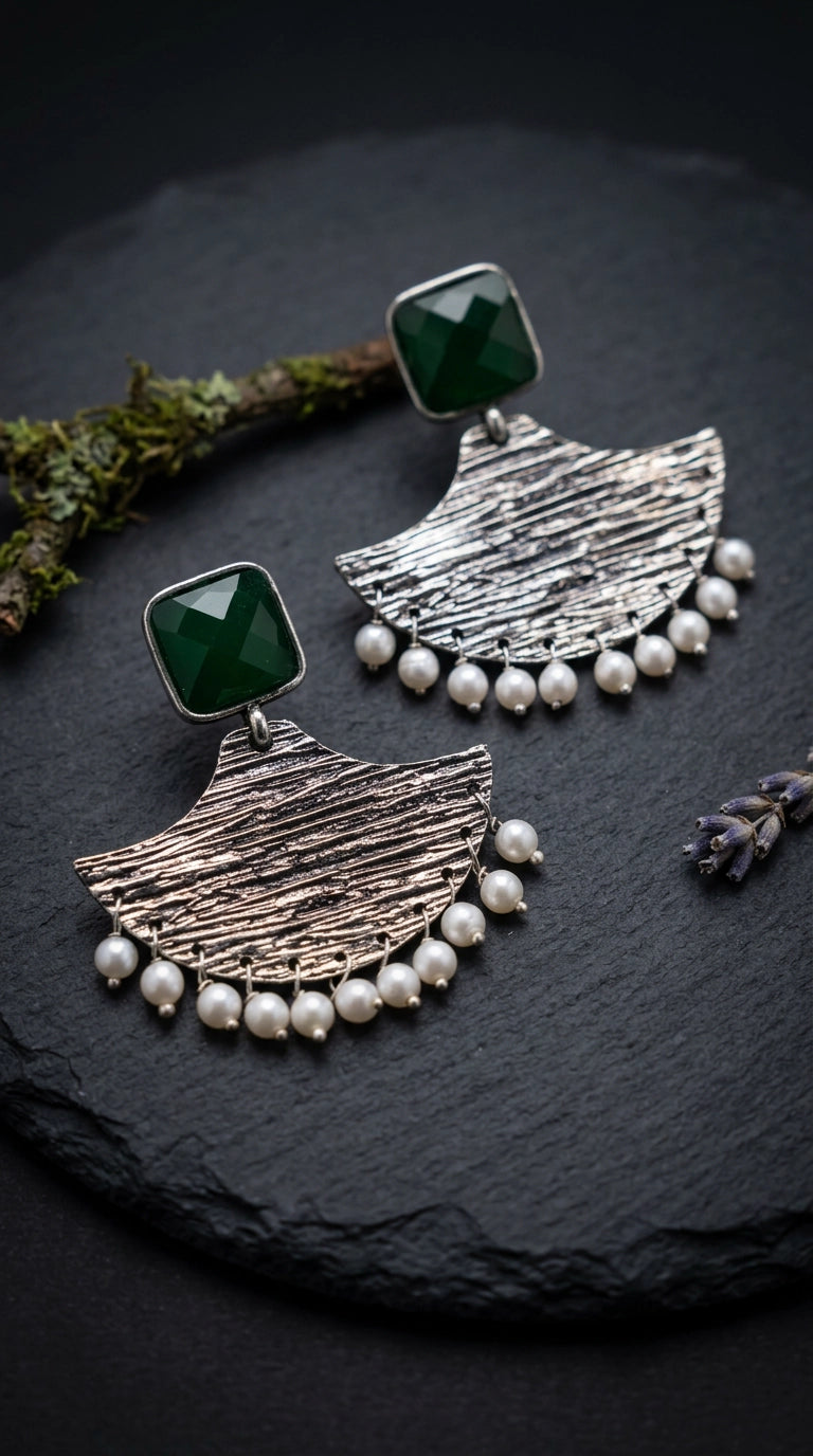 Green Stone Textured Triangle Dangle Earrings with Pearl Drops for Festive Party Wear
