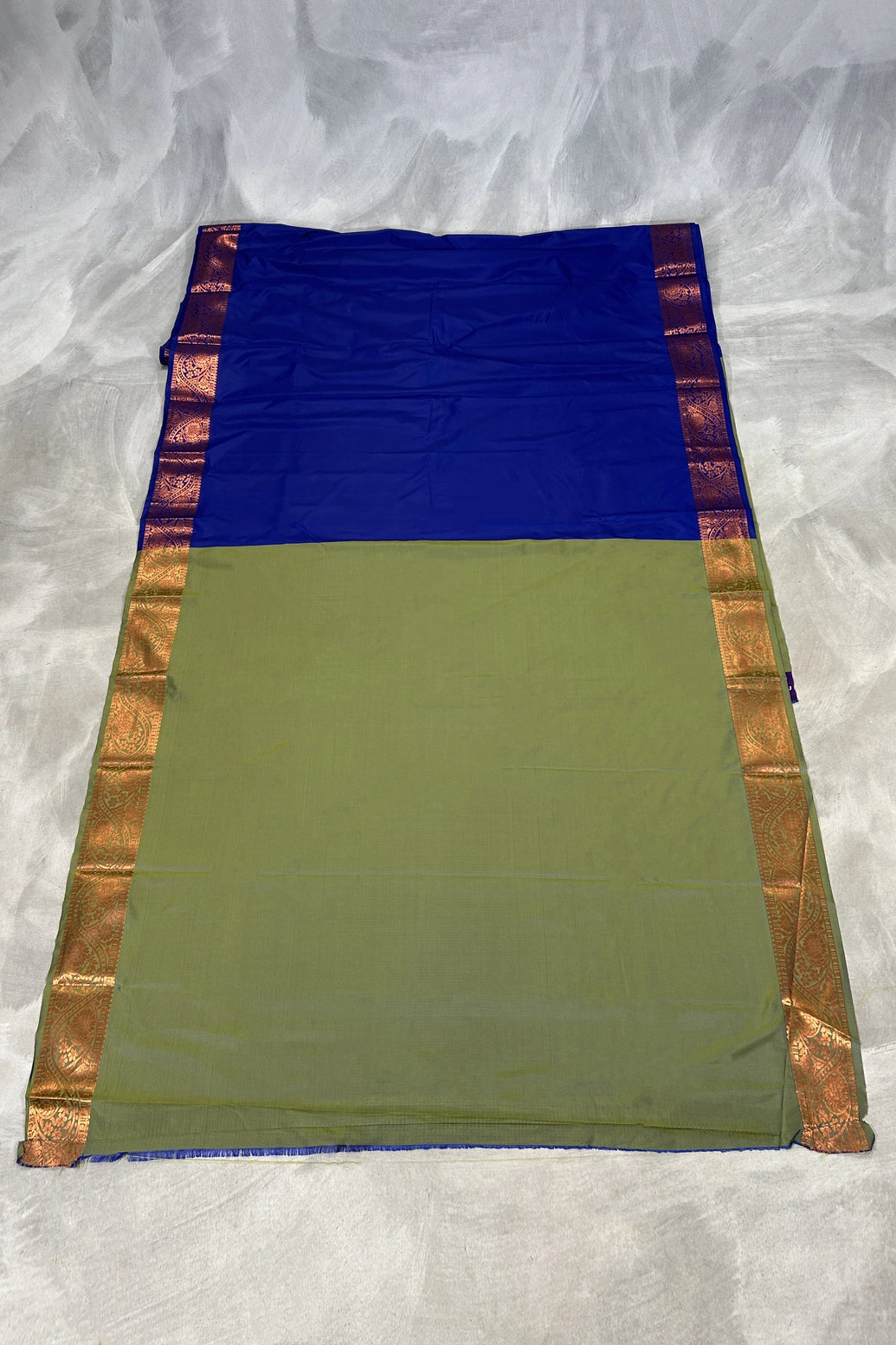 Royal Blue Korvai Soft Silk Saree with Gold Zari Buttas and Floral Border with Blouse