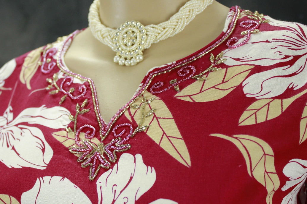 Vivid Maroon Rayon Two-Piece Kurti Set with Beaded Neck Design