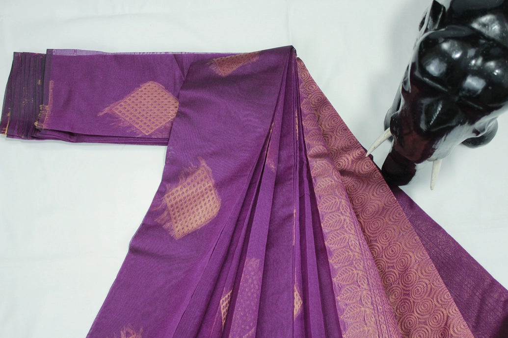 Violet Silk Cotton Saree with Zari Border and Matching Blouse