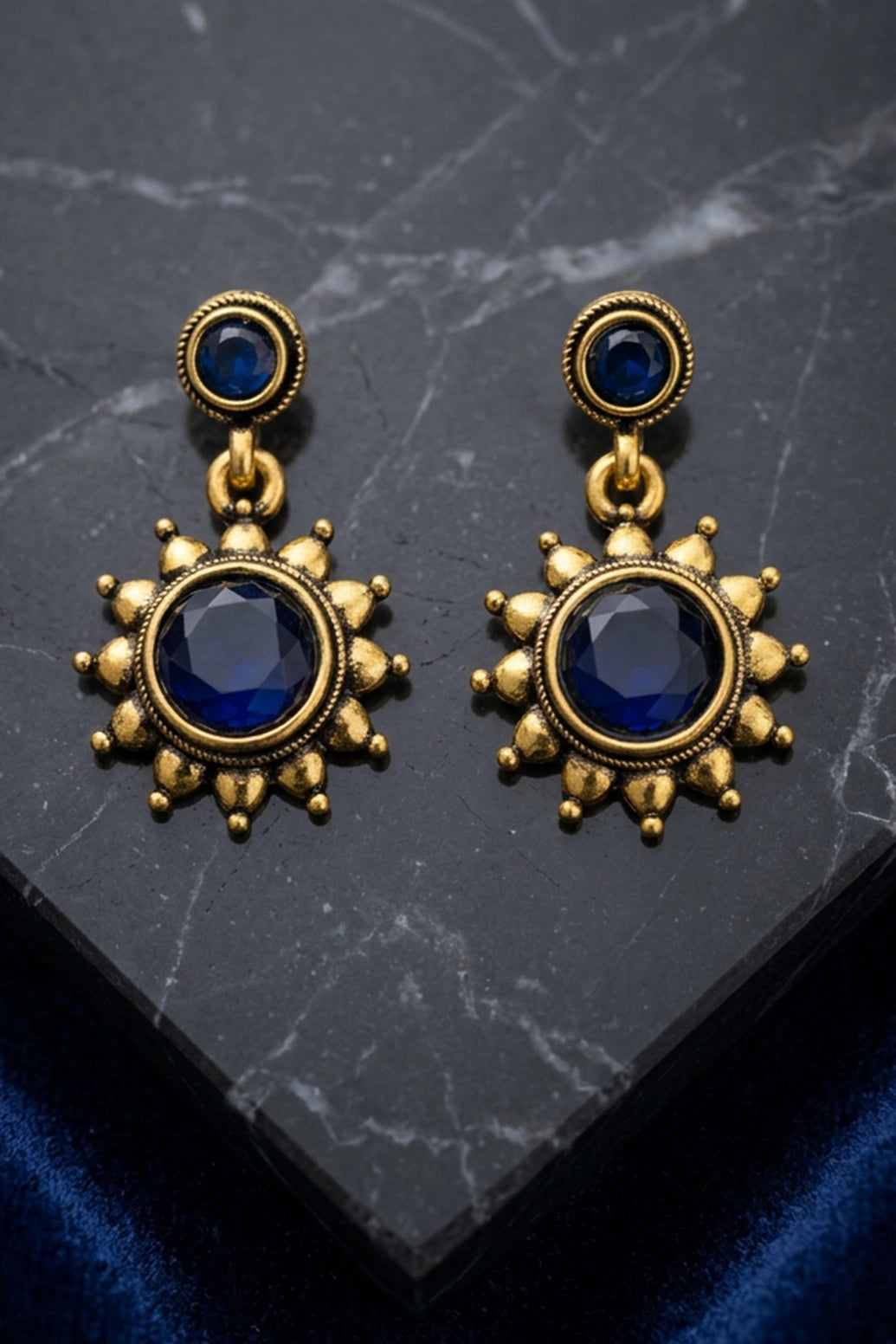 Dark Blue Gold-Tone Antique Style Sunflower Drop Earrings for Women, Fashion Jewellery 1 Pair