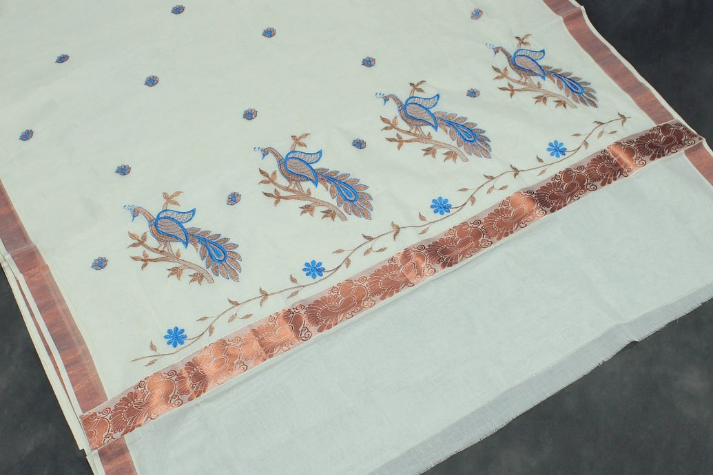 Pure Kerala Cotton White Saree with Copper Zari Peacock Embroidery